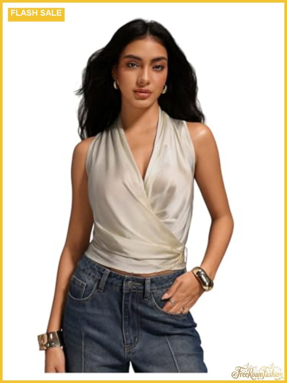 Satin Wrap V Neck Sleeveless Tank Top Tie Side Ruched